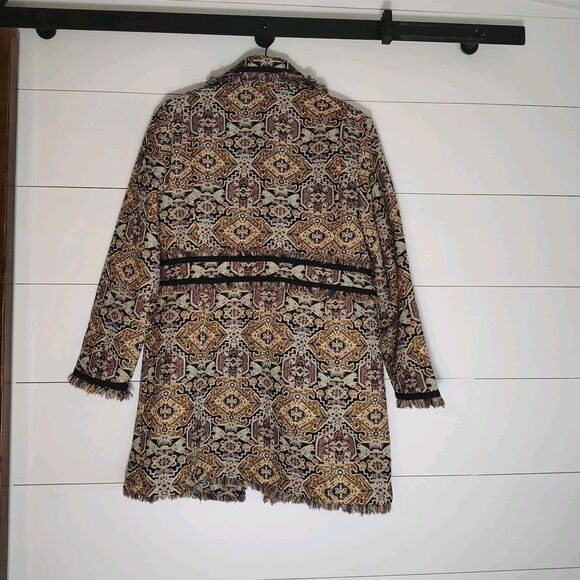 Chicos Floral Tapestry Jacket Size 1 Med Duster Fringe Jacquard Topper Boho - Picture 4 of 12